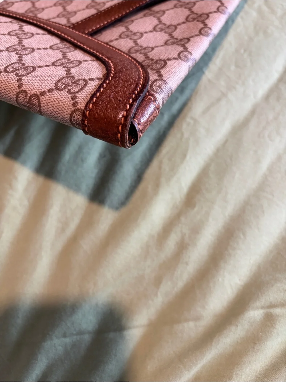 Gucci Beige GG Supreme Envelope Clutch with Brown Leather Trim